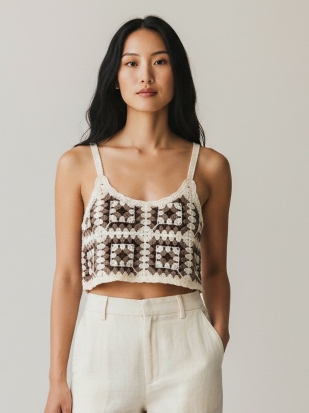 Crochet Granny Square Crop Top in Cream and Brown